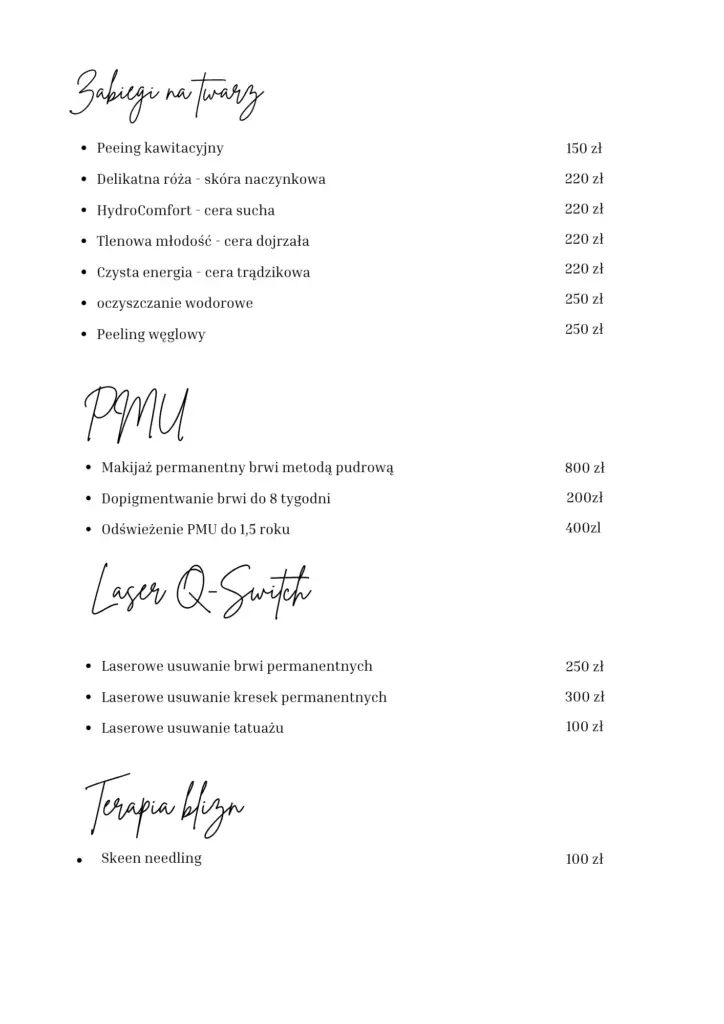 Cennik - zabiegi na twarz, PMU, Laser Q-Switch, terapia blizn